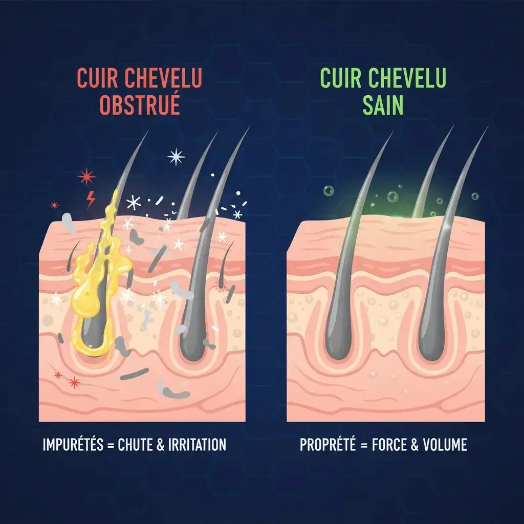 Illustration des problèmes de cuir chevelu non traité : cheveux gras, démangeaisons, chute, manque de volume, avant le **Peeling Trichologique Mihi**.