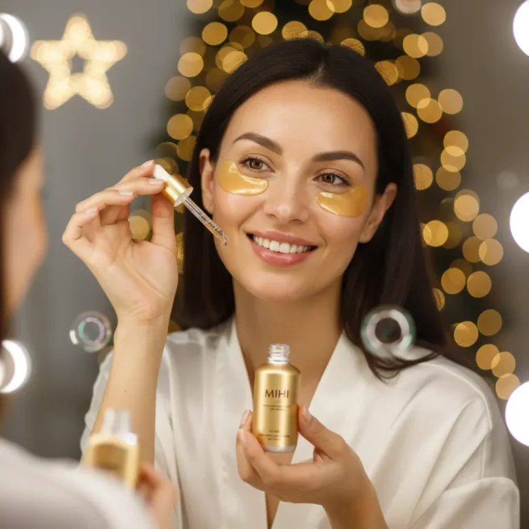 Femme radieuse préparant sa peau pour les fêtes avec le rituel préparation beauté fête* Mihi