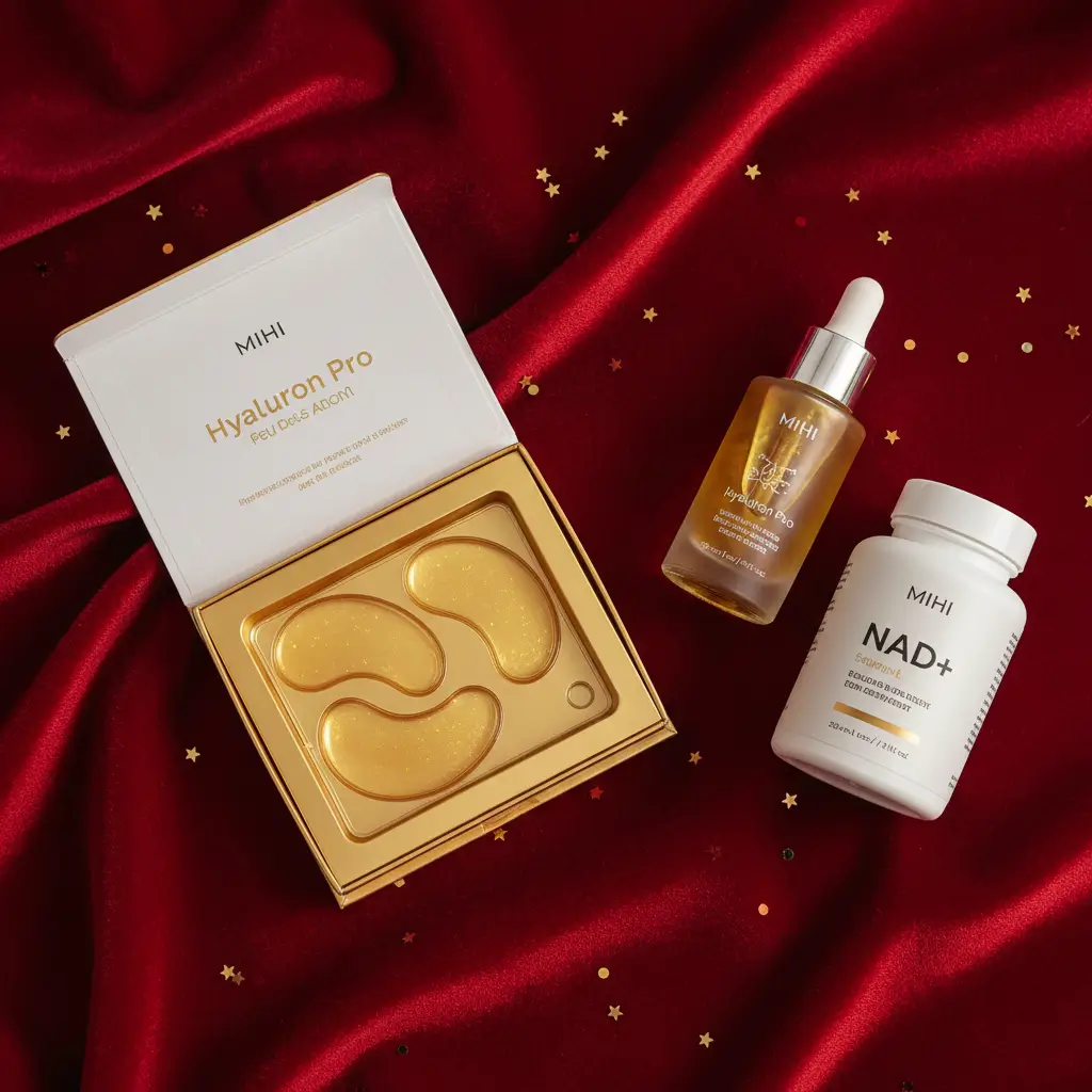 Sélection de produits Mihi essentiels pour la préparation beauté fêtes : patchs, sérum, complément NAD+.